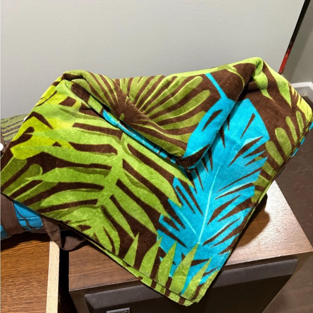 Tropical Leaf Patterned Beach Towel and pillow roll